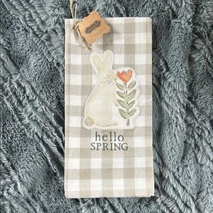 Mud Pie Beige Plaid 'Hello Spring' Bunny Tea Towel with Orange Flower